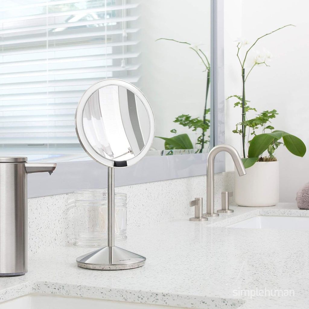 simplehuman Sensor Mirror, Travel Makeup Mirror with Lights, 10X Magnification, Lighted, Round, Free Standing, 5', Rose Gold Stainless Steel