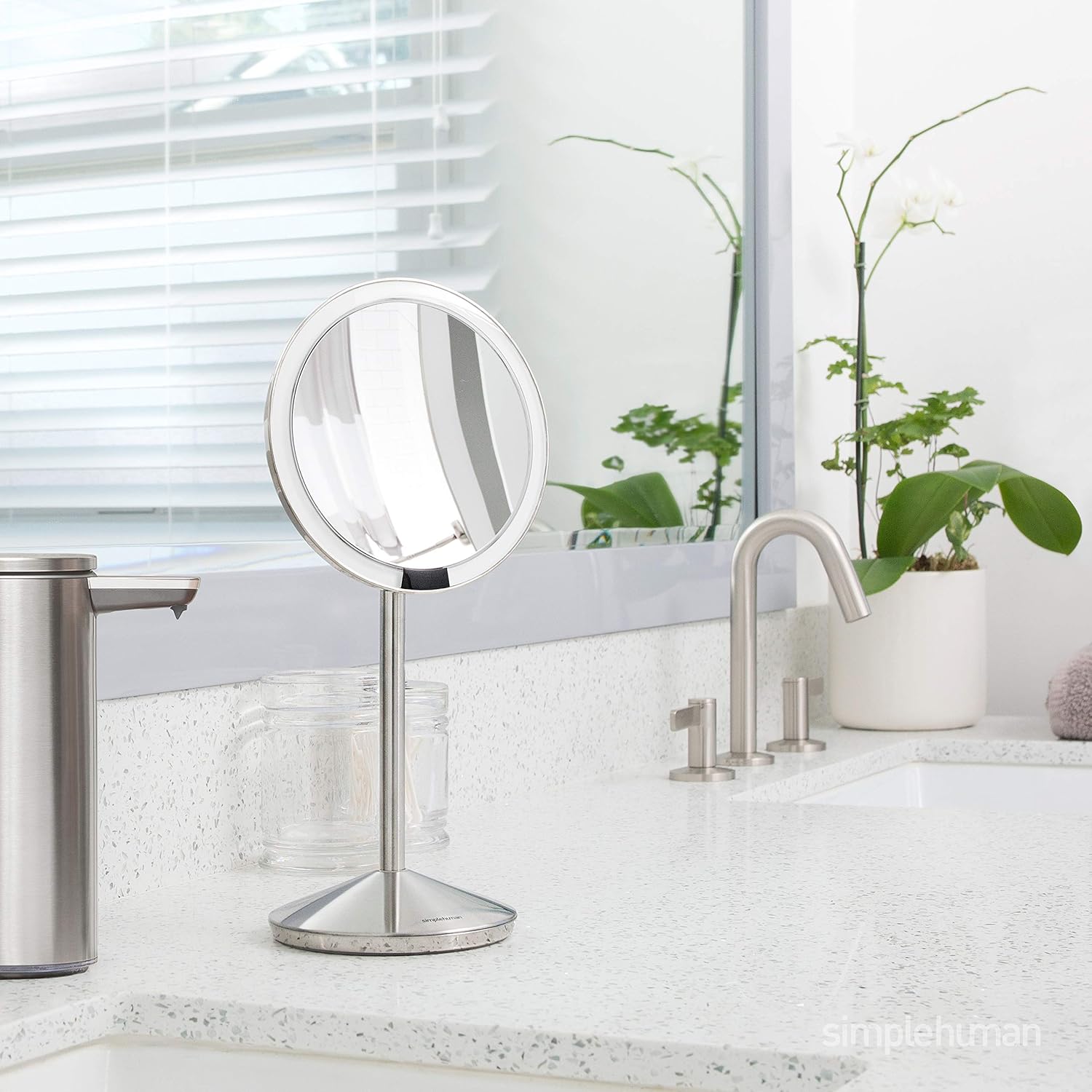 simplehuman Sensor Mirror, Travel Makeup Mirror with Lights, 10X Magnification, Lighted, Round, Free Standing, 5', Rose Gold Stainless Steel