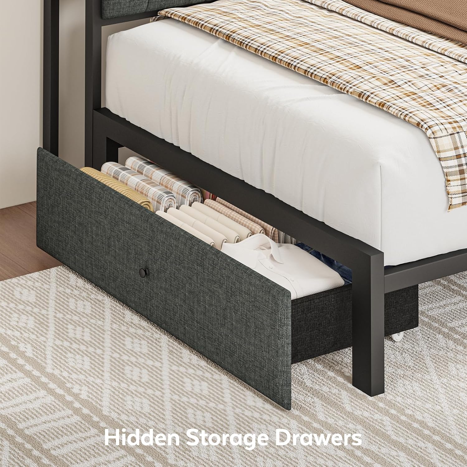 Twin Corner Bed Frame with Storage Drawers, Modern Daybed with LED Lights and Charging Station, Metal Twin Platform Bed Frame with Linen Upholstered Guardrail for Dorm Bedroom, Gray