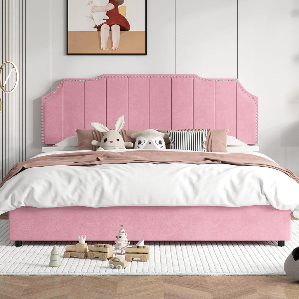 VECELO Queen Bed Frame with 4 Storage Drawers & Upholstered Platform &Tufted Adjustable Headboard/Mattress Foundation/Wood Slat Support,Easy Assembly,Pink
