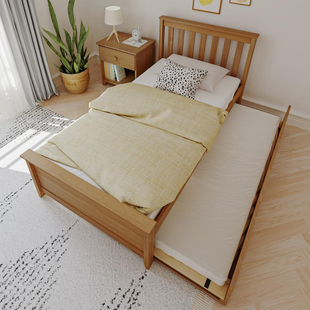 Max & Lily Classic Twin Bed, Slatted Headboard, with Trundle, Pecan