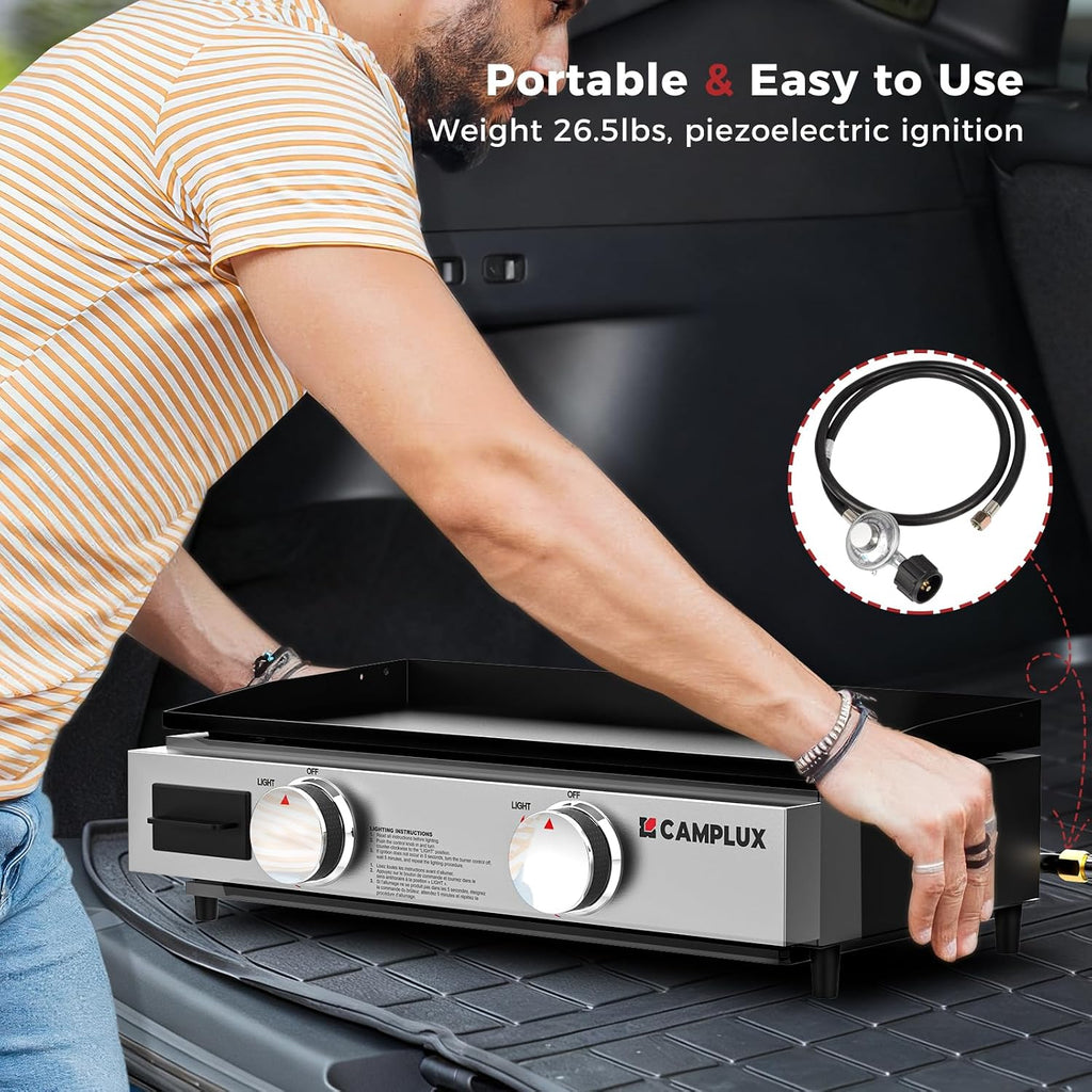 CAMPLUX 23' Propane Tabletop Griddle Grill 2-in-1 Bundle with Foldable Adjustable Griddle Stand, 19,000 BTU Non-Stick Flat Top for Camping, RV & Tailgating