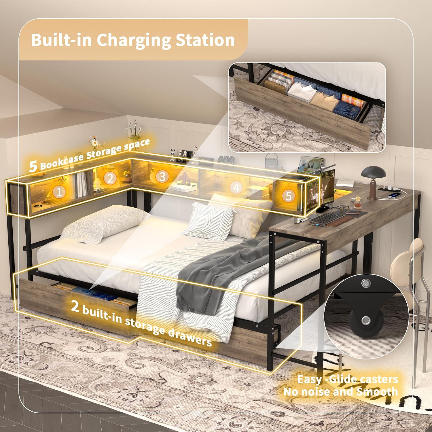 Twin Corner Bed Frame with Storage Drawers and Bookcase Headboard, Twin Size Metal Platform Corner Bed Frame w/Charging Station and LED Lights, Twin Daybed w/Desk for Teens Guests (Black Grey, Twin)