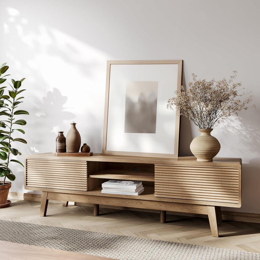 TOLEAD 59' TV Console, Mid Century Modern TV Stand for 55/60/65 Inch TV, Low Profile Media Console with Fluted Sliding Doors, Boho Wood Credenza for Living Room, Oak