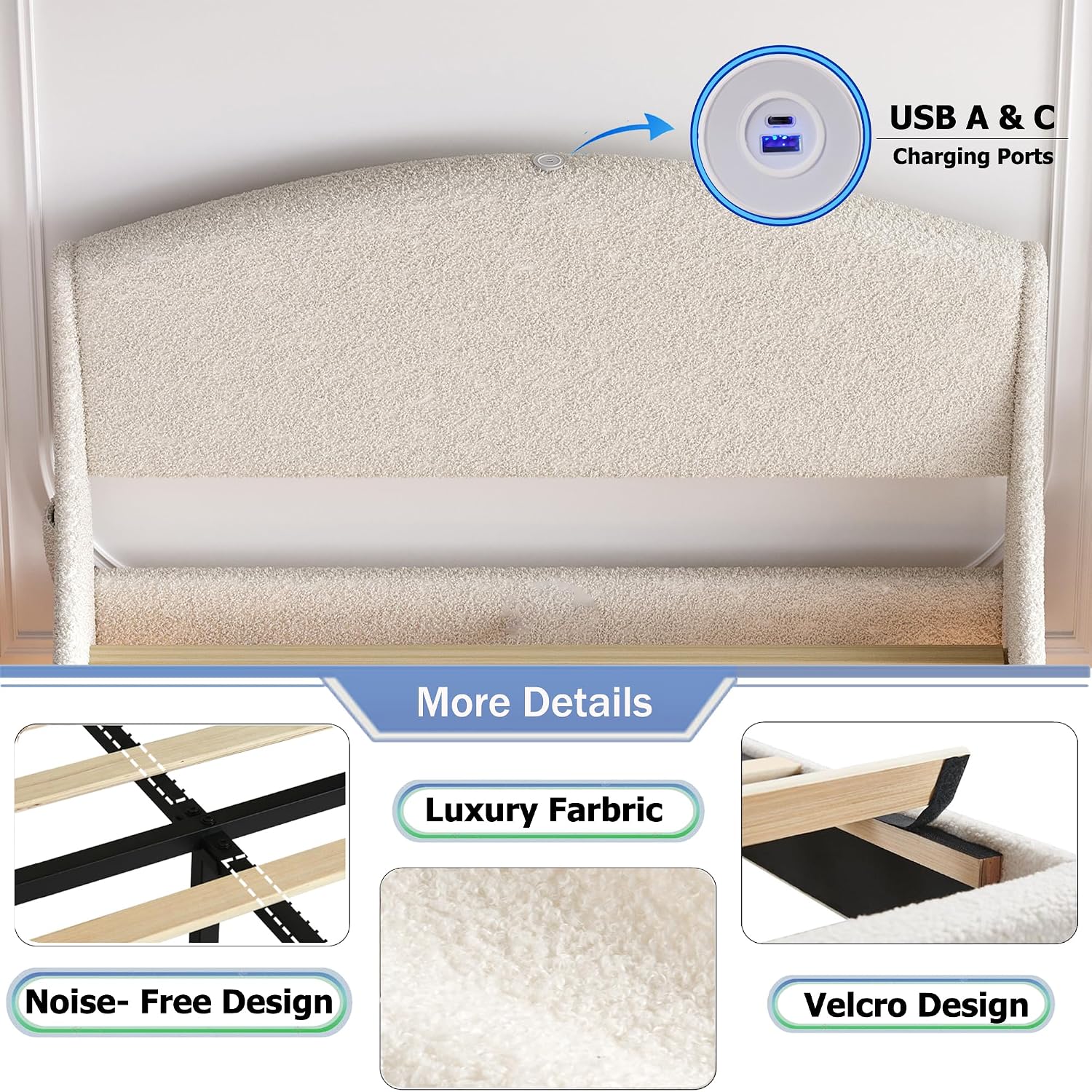 Ailisite Full Size Floating Bed Frame with LED Lights and Charging Port, Visual Floating LED Bed Frame with Curved Cloud Headboard, White Boucle Upholstered Platform Bed, Heavy Duty