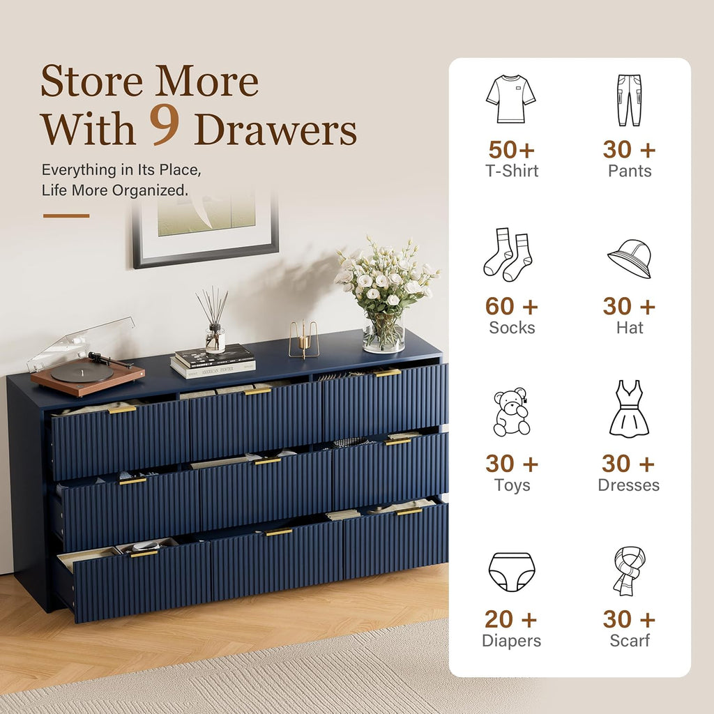 Furniway Blue Dresser for Bedroom, Modern Dresser with 9 Drawers and Smooth Slides, Wide Chest of Drawers with Golden Handles for Bedroom, Living Room, Closet, 15.7' D x 63' W x 31.5' H