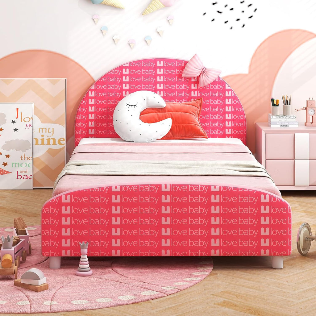 Costzon Twin Bed Frames for Kids, Wood Upholstered Twin Bed Platform with Slat Support, Padded Headboard&Footboard, No Box Spring Needed, Easy Assembly, Fits Standard Twin Mattress (Bow Tie)