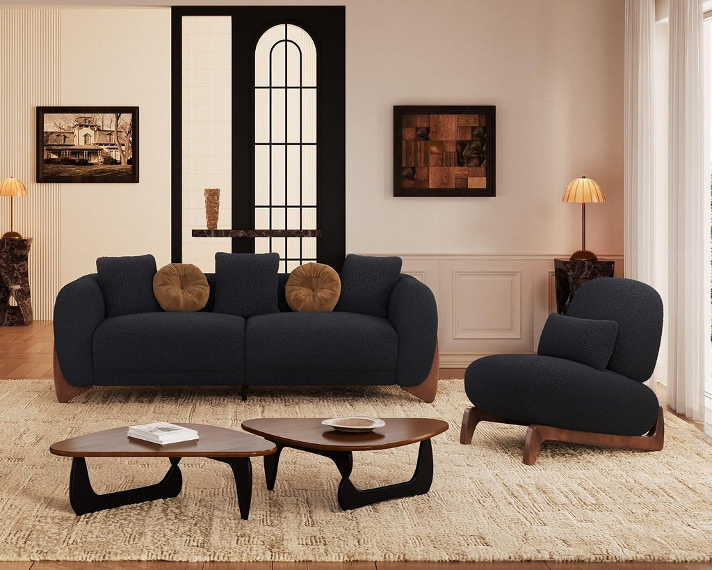 Morden Fort 2 Piece Cloud Couch Set, Modern Sherpa Boucle Sofa Set with Wood Legs, Skin-Friendly Minimalist Upholstered Comfy Couch Sofas for Living Room, 3-Seater Sofa & Tilt Back Chair, Black