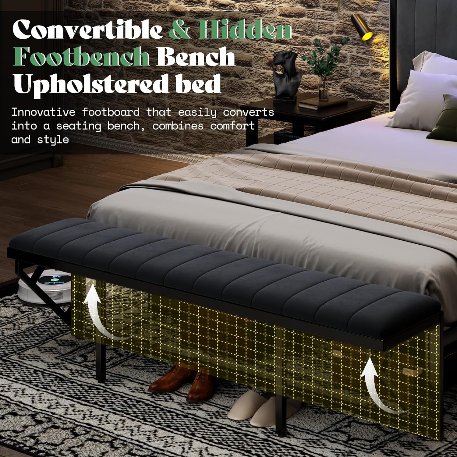 AMERLIFE Queen Size Bed Frame, Storage Headboard with Charging Station & LED Lights, Upholstered Platform Bed with Ottoman Footboard, Velvet Fabric, Metal Slats Support, Noisy Free, Grey