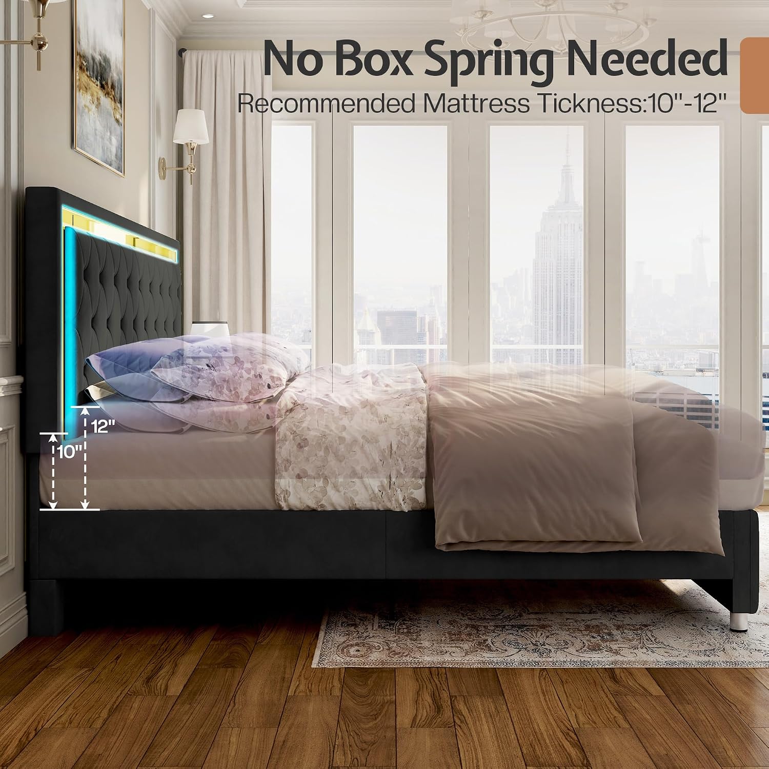 Jocisland Full Bed Frame with LED Lights Headboard&Footboard, Velvet Upholstered Full Size Platform Bed Frame No Box Spring Needed/Black