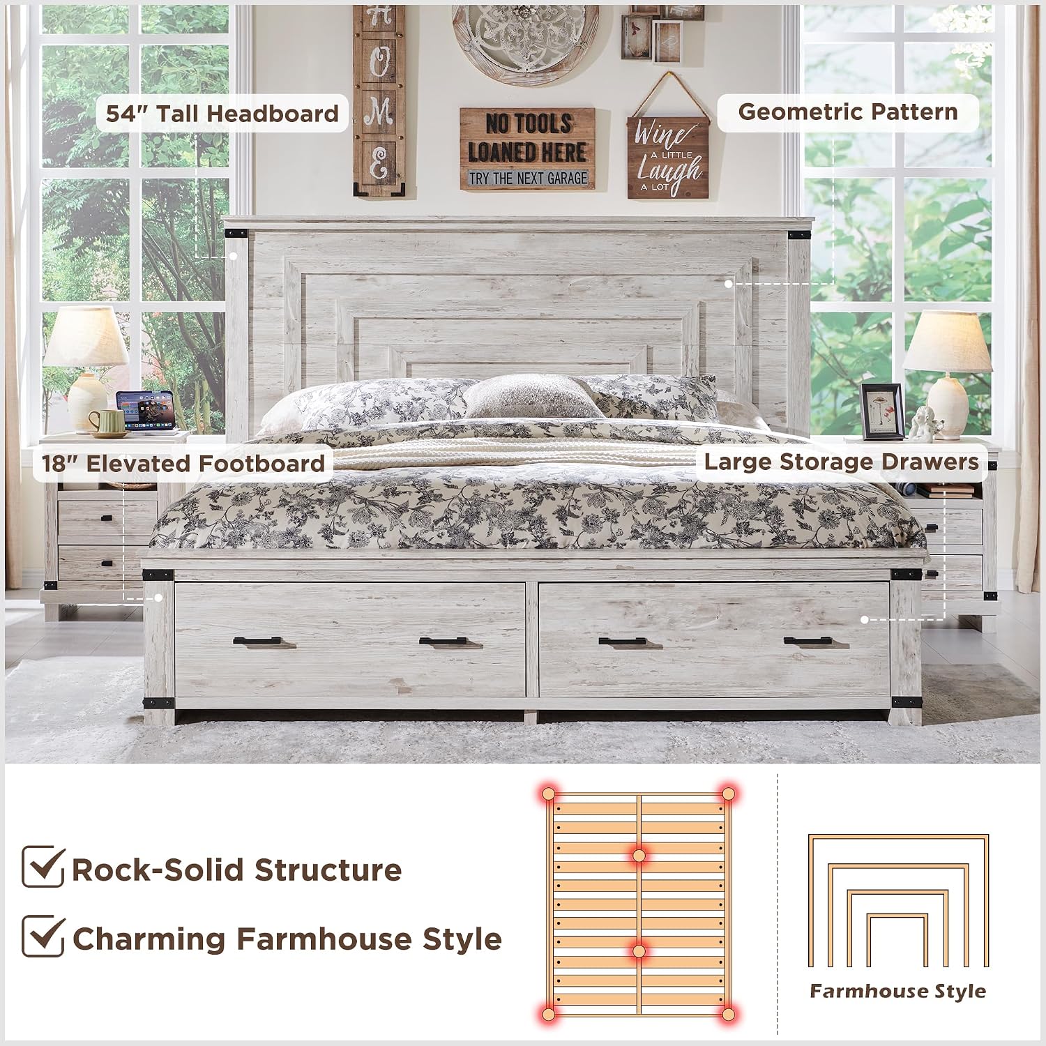 T4TREAM Farmhouse Queen Size Bed Frame with 54' Tall Geometric Headboard & 2 Large Storage Drawers, Rustic Wood Platform Bed with Wood Slats Support, No Box Spring Needed, Antique Brushed White