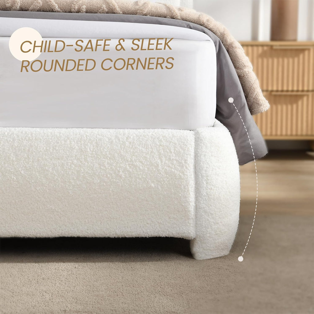 Queen Size Bed Frame with Adjustable Headboard, Modern Boucle Fabric Upholstered Platform Bed, Low to Floor, Anti-Collision Soft Rounded Corners, No Box Spring Needed, Easy Assembly for Bedroom，White