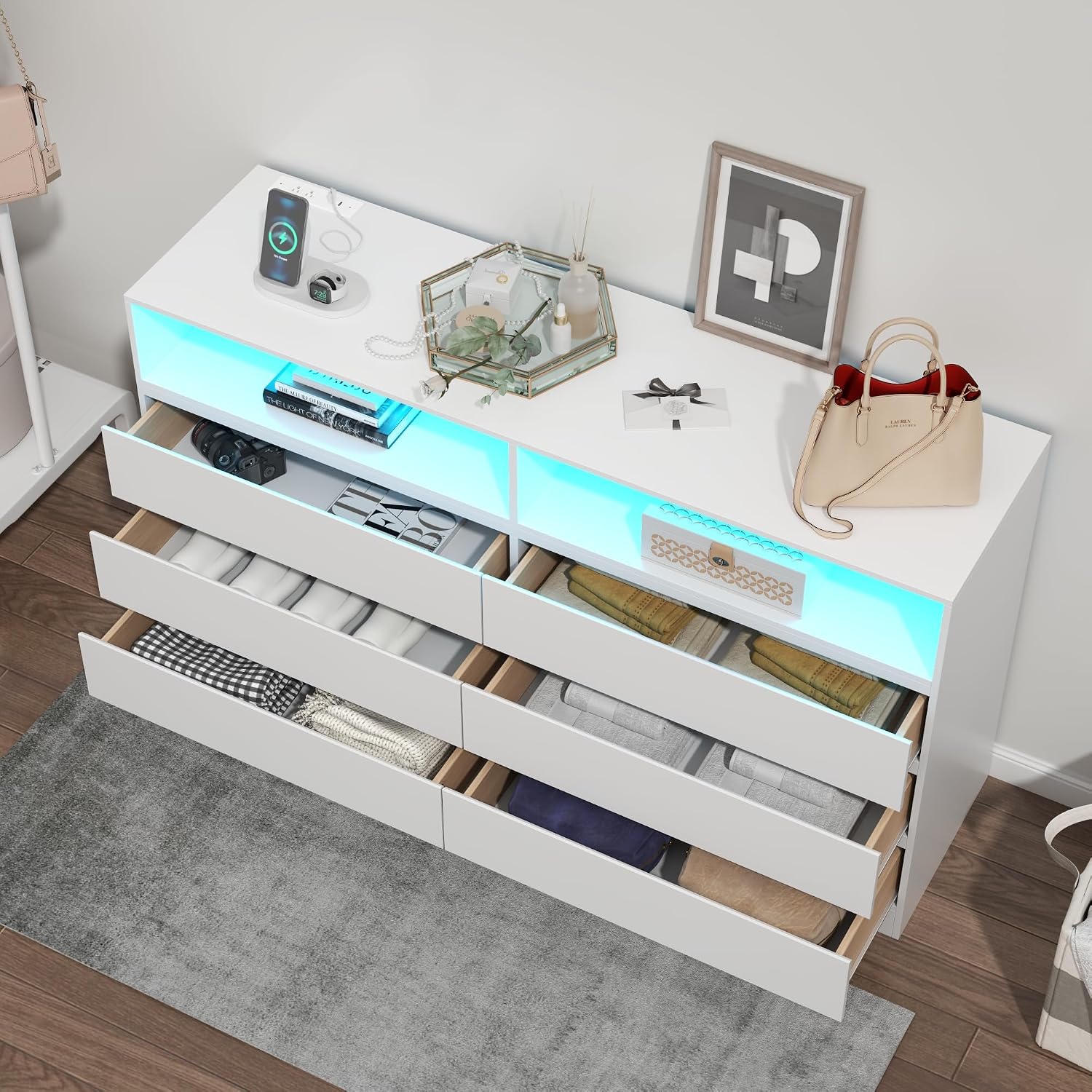 Gyfimoie 6 Drawer Double Dresser with Power Outlet, Accent Chests of Drawers with LED Light, Modern White Storage Dresser with Charging Station (Mirror Not Included)