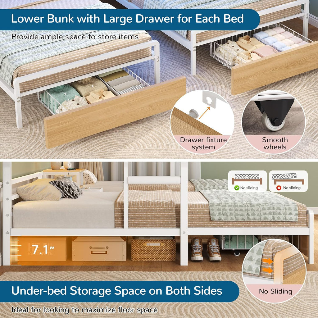 Triple Bunk Bed with Storage Drawers and Bedside Shelf, Twin Over Twin Bunk Bed for Kids/Teens with LED Lights and Charging Station, Heavy Duty Metal Bunk Beds with Safety Guardrail and Ladder, White