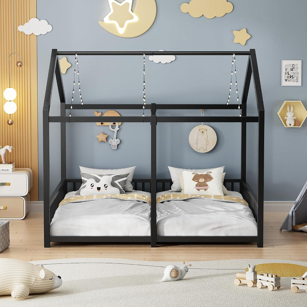 PVWIIK Double Montessori Floor Bed with Fence & Roof,Easy Assemble Bed Frame for Two Kids Teens Boys Girls,Twin Floor Bed, Black