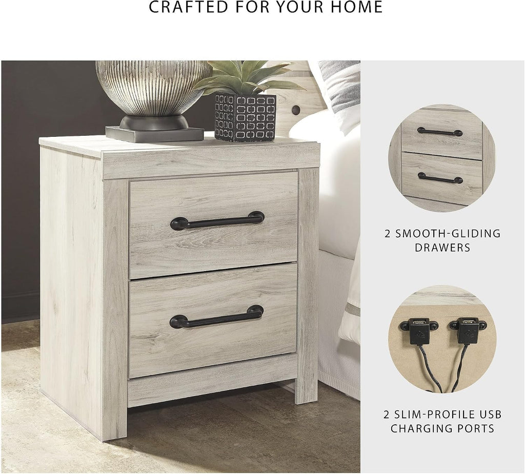 Signature Design by Ashley Cambeck Farmhouse Industrial 2 Drawer Two Drawer Nightstand with 2 Slim-Profile USB Charging Stations, 24.37' Tall, Whitewash