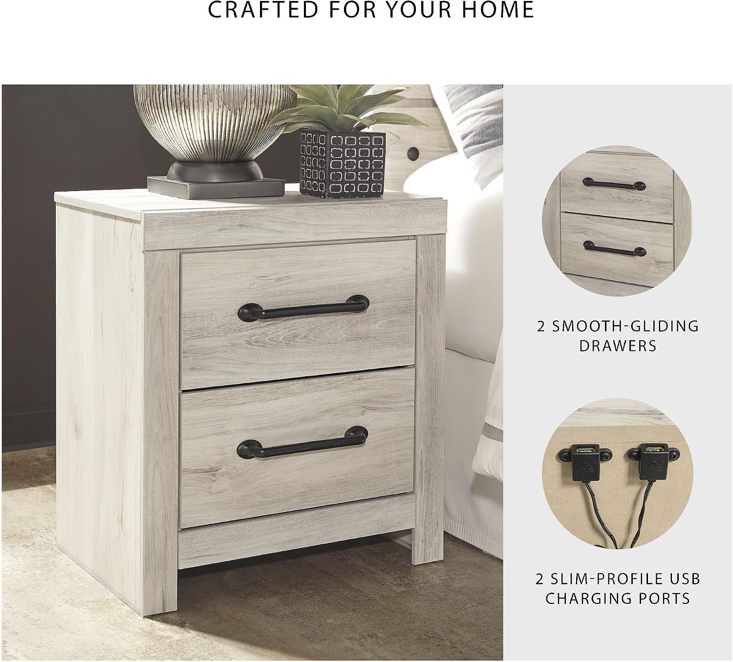 Signature Design by Ashley Cambeck Farmhouse Industrial 2 Drawer Two Drawer Nightstand with 2 Slim-Profile USB Charging Stations, 24.37' Tall, Whitewash