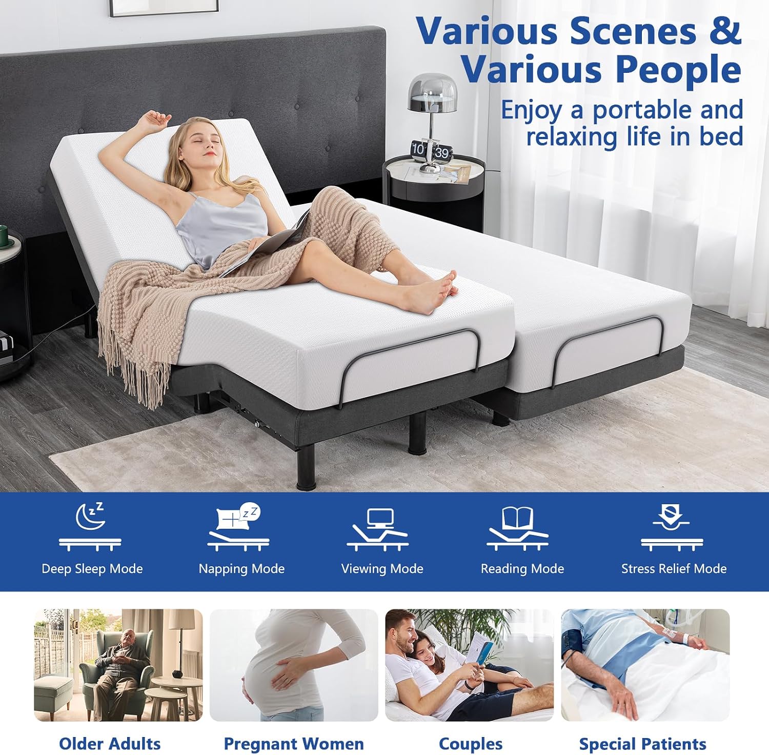 Queen Size Adjustable Bed Frame,8 Inch Gel Memory Foam Mattress, Adjustable Bed Base with Adjustable leg height,Separate Head/Foot Lift, Anti-Snore/Zero Gravity,Easy Assembly,Smart Electric Beds