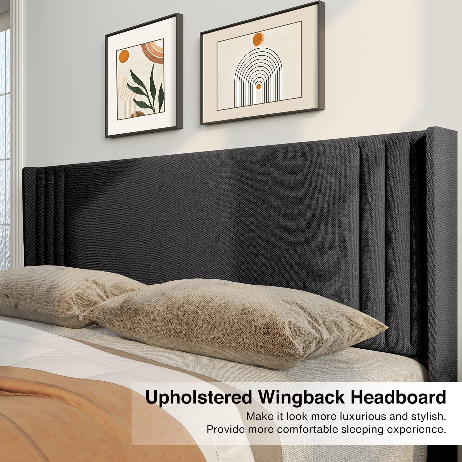Gizoon Queen Bed Frame with Wingback Headboard, Upholstered Platform Bed with Modern Geometric Headboard, Wooden Slats, Noise-Free, No Box Spring Needed