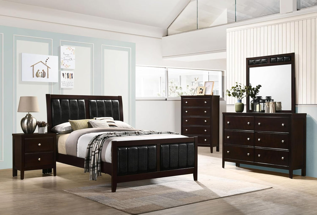 Coaster Home Furnishings Carlton Contemporary 5-Piece Bedroom Set Leatherette Upholstered Full Size Panel Bed Frame 51-inch Headboard Cappuccino 202091F-S5