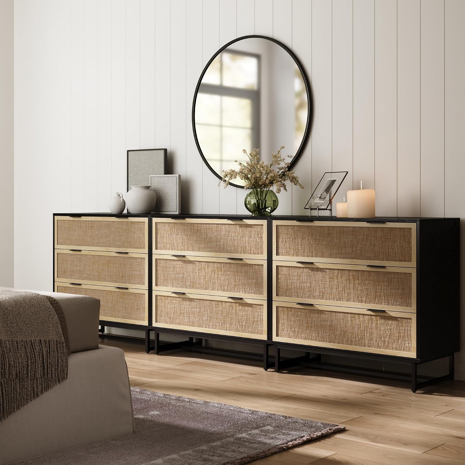 Nathan James Kova Boho Dresser or Storage Cabinet with Drawers for Bedroom or Nursery with Textilene Rattan Accent and Metal Legs, Black Oak, Set of 3