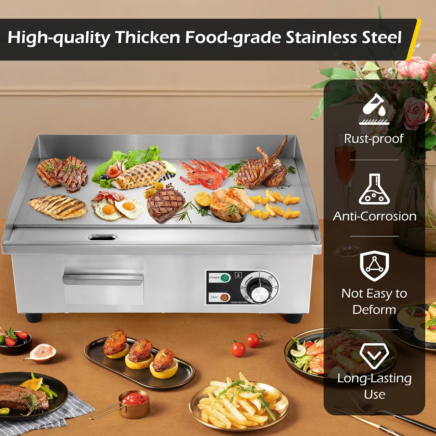 Dyna-Living Double Head Commercial Waffle Maker 2400W & Commercial Electric Griddle 22'' Flat Top Grill Countertop 122°F-572°F Temp Adjustable