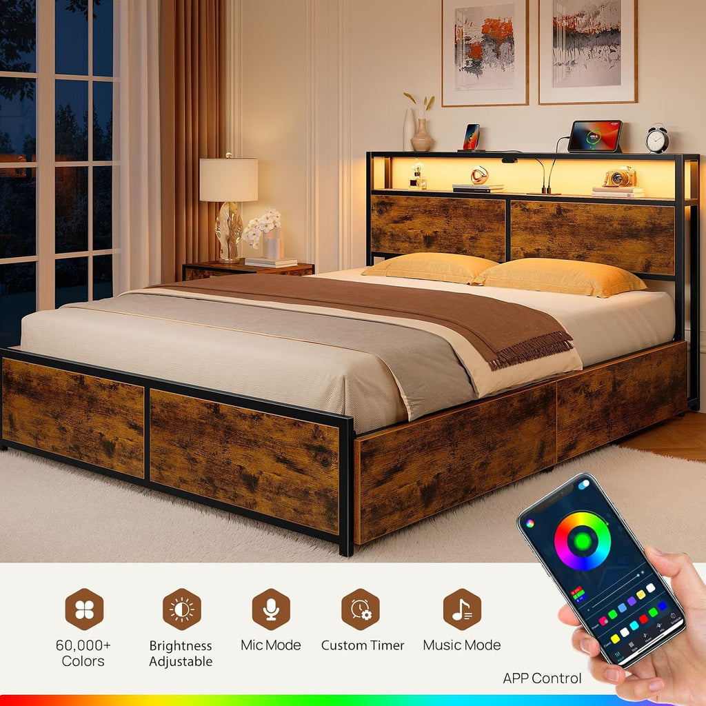 Rolanstar Full Size Bed Frame with 4 Storage Drawers, Charging Station and LED Lights, Metal Platform Bed with 2-Tier Storage Headboard, No Box Spring Needed, Easy Assembly, Noise-Free, Rustic Brown