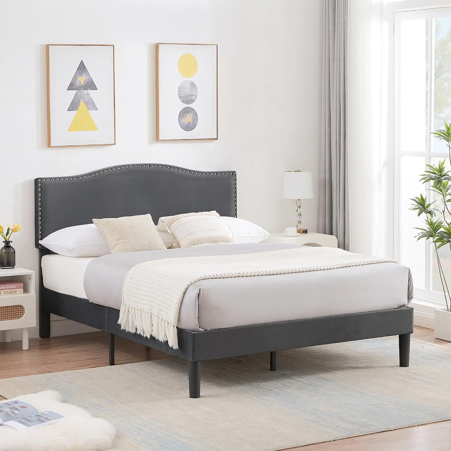 VECELO Full Bed Frame Platform Bed Frame with Upholstered Headboard, Strong Frame and Wooden Slats Support, Strong Weight Capacity, Non-Slip and Noise-Free, Easy Assembly,Dark Grey