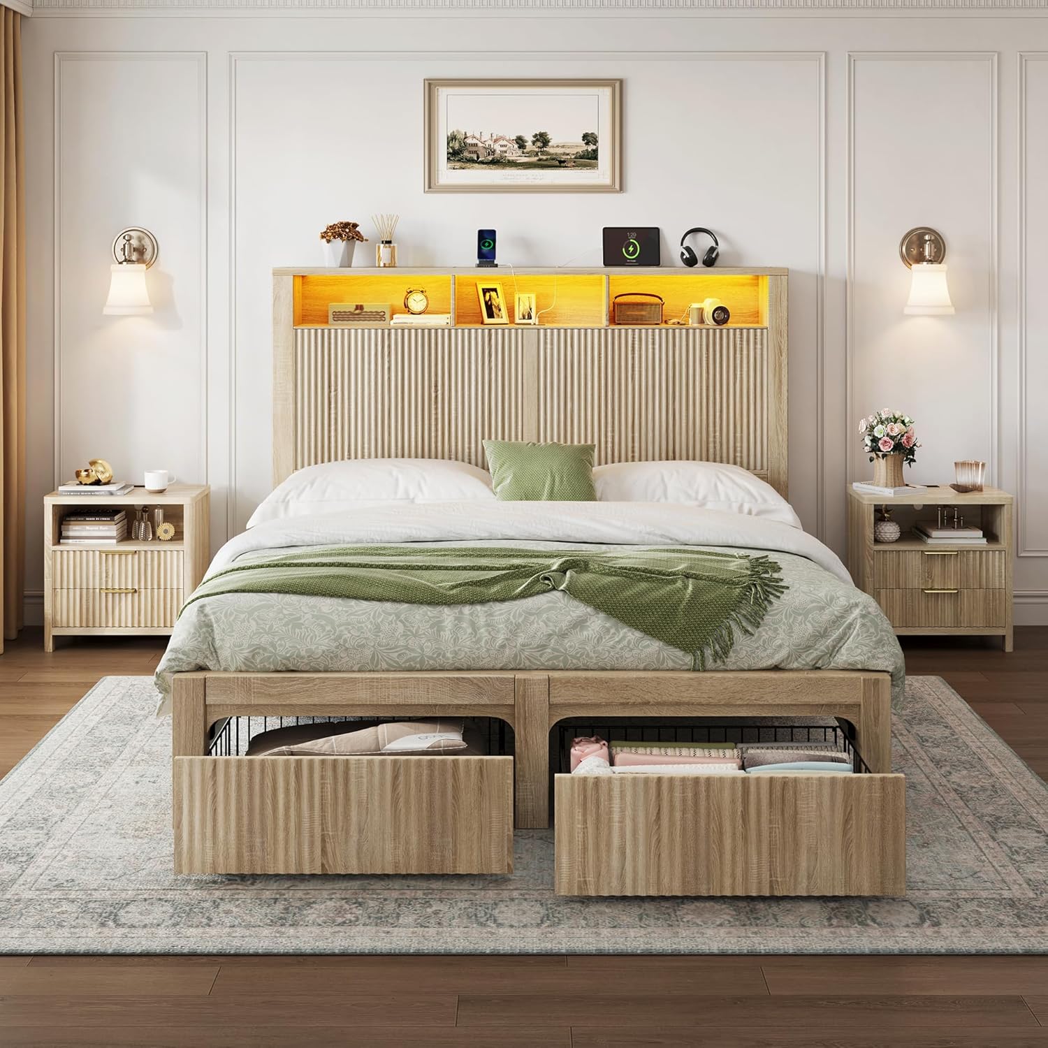 CypBed Full Size Bed Frame with Headboard and Storage Drawer, Full Bed Frame with LED Light and Charging Port, Farmhouse Wavy Wood Design, Wood & Metal Platform, Noise-Free, No Box Spring Needed