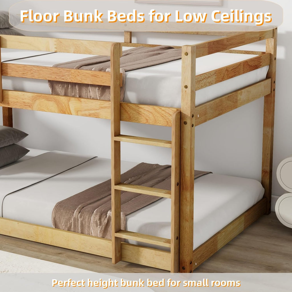 Bunk Bed Twin Over Twin, Floor Bunk Bed with Ladder, Safety Guard Rails, Heavy Duty Wooden Twin Bunk Beds Frame Low Bunkbeds No Box Spring Required, Natural