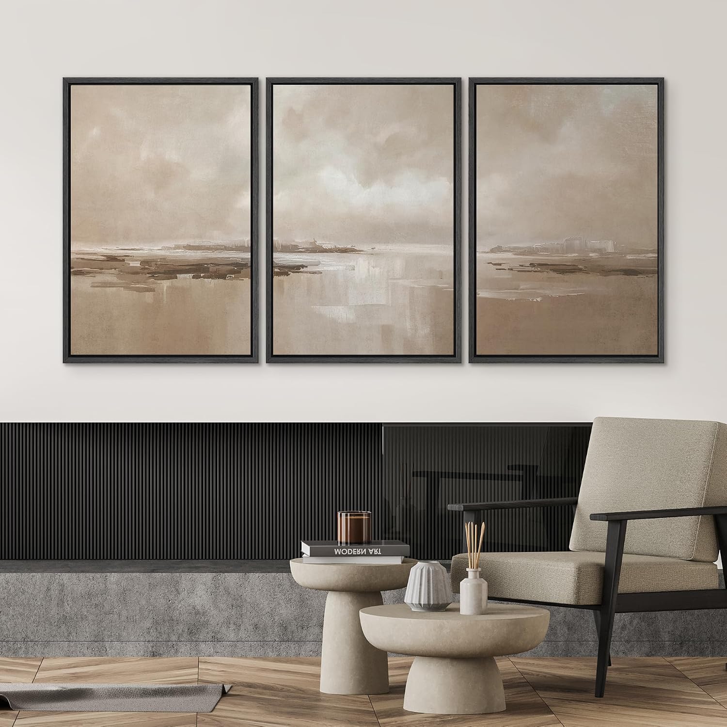 SIGNWIN Framed Canvas Print Wall Art Set Soft Coastal Landscape Neutral Beige Seascape Illustrations Modern Art Decorative Scenic Rustic for Living Room, Bedroom, Office - 24'x36'x3 Black