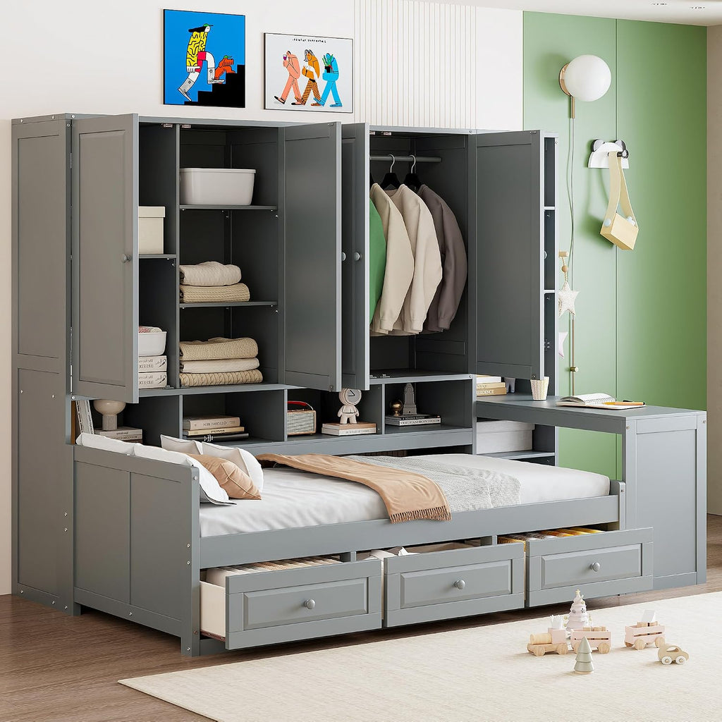 KLMM Twin Size Wooden Daybed with Three Drawers and All-in-One Cabinet,Desk and Shelves,for Living Room Bedroom Use (Gray#Desk, Twin)