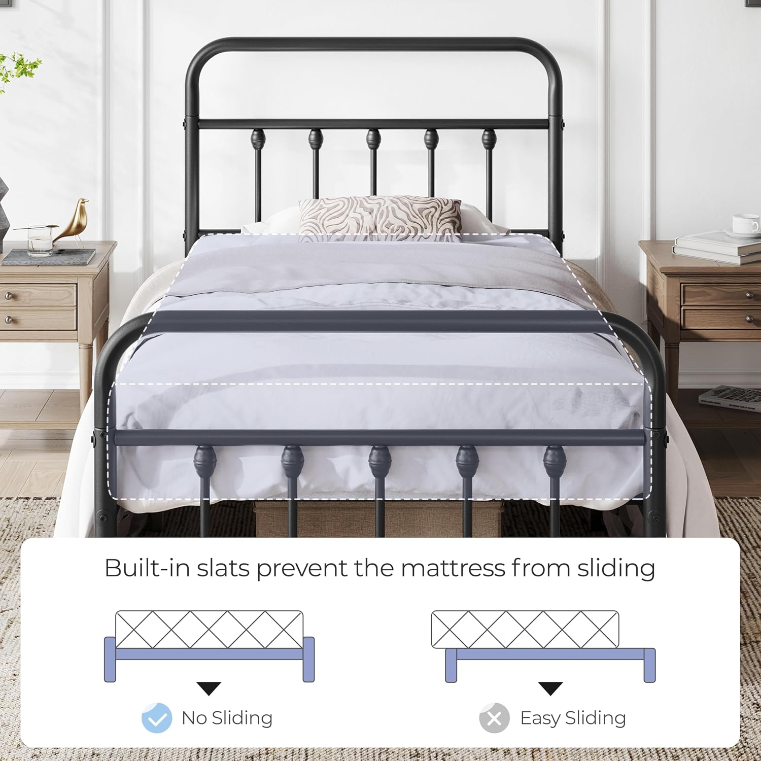 Yaheetech 2 Pcs Twin XL Bed Frame Metal Platform Bed with Victorian Style Iron-Art Headboard/Footboard/Under Bed Storage/No Box Spring Needed Black