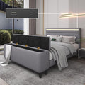 E-Motie Full Size Bed Frame with Ottoman Storage, Upholstered Platform Bed with Headboard, LED Light & Charging Station, Solid Wooden Slats Support, No Box Spring Needed, Easy Assembly, Grey