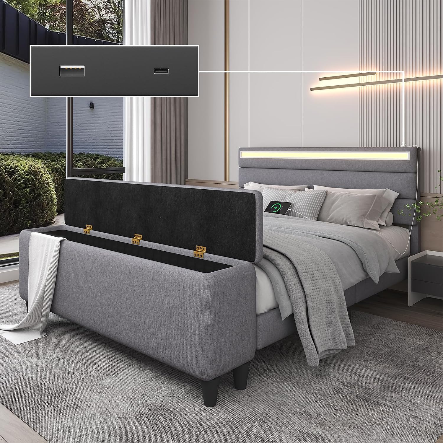 E-Motie Full Size Bed Frame with Ottoman Storage, Upholstered Platform Bed with Headboard, LED Light & Charging Station, Solid Wooden Slats Support, No Box Spring Needed, Easy Assembly, Grey