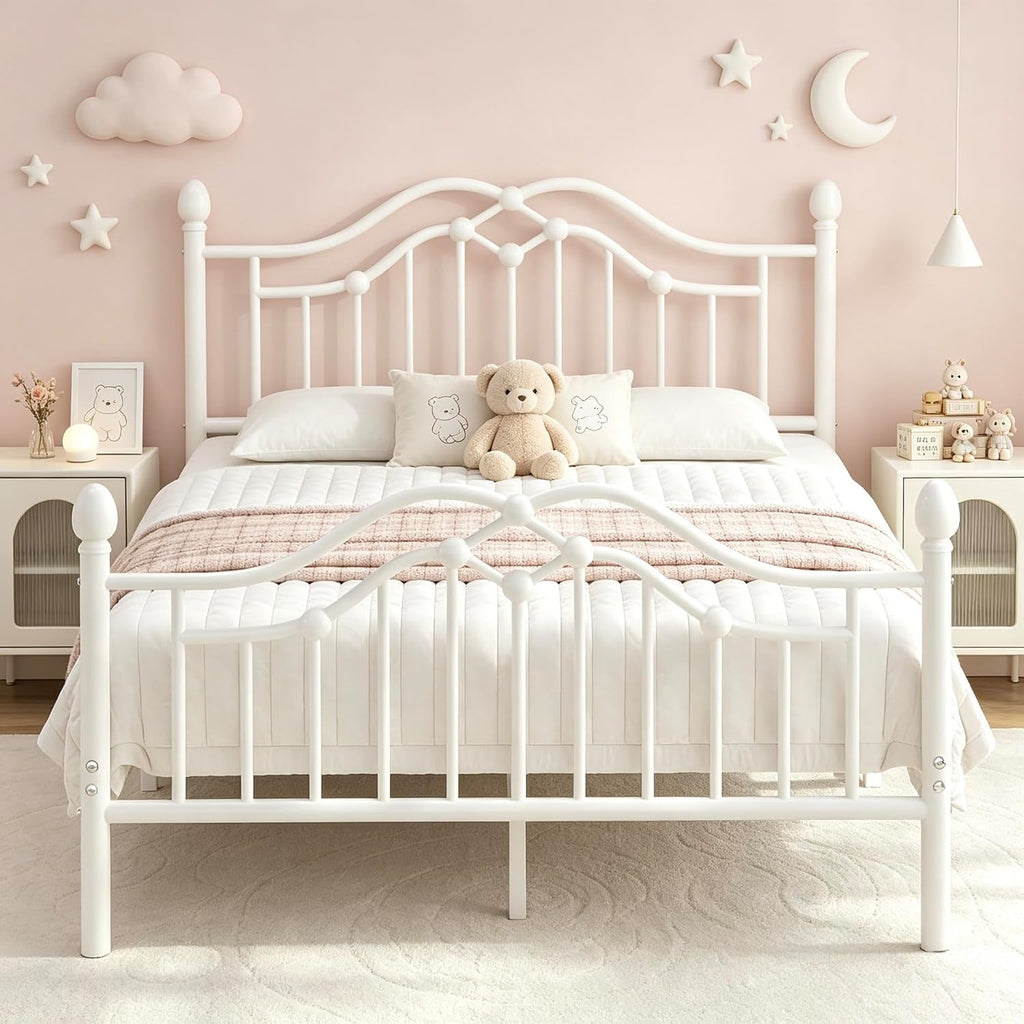 LOEWAY Full Metal Bed Frame with Classical Headboard and Footboard, Platform Bed Frame with Sturdy Metal Slats Support, Adequate Under Bed Storage, No Box Spring Needed, Easy Assembly, White