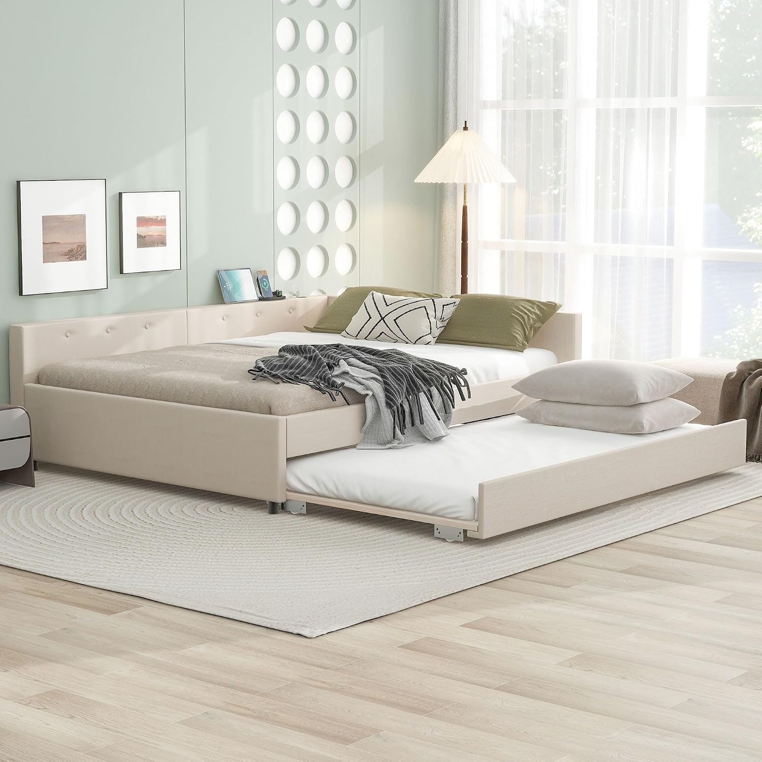 JYH Queen Bed Frame with Storage - Modern Upholstered Platform Bed with Wood Slats Support, Twin Size Trundle & Convenient USB Ports, Space Saving Design for Dormitory, Apartment, Guest Room, Beige