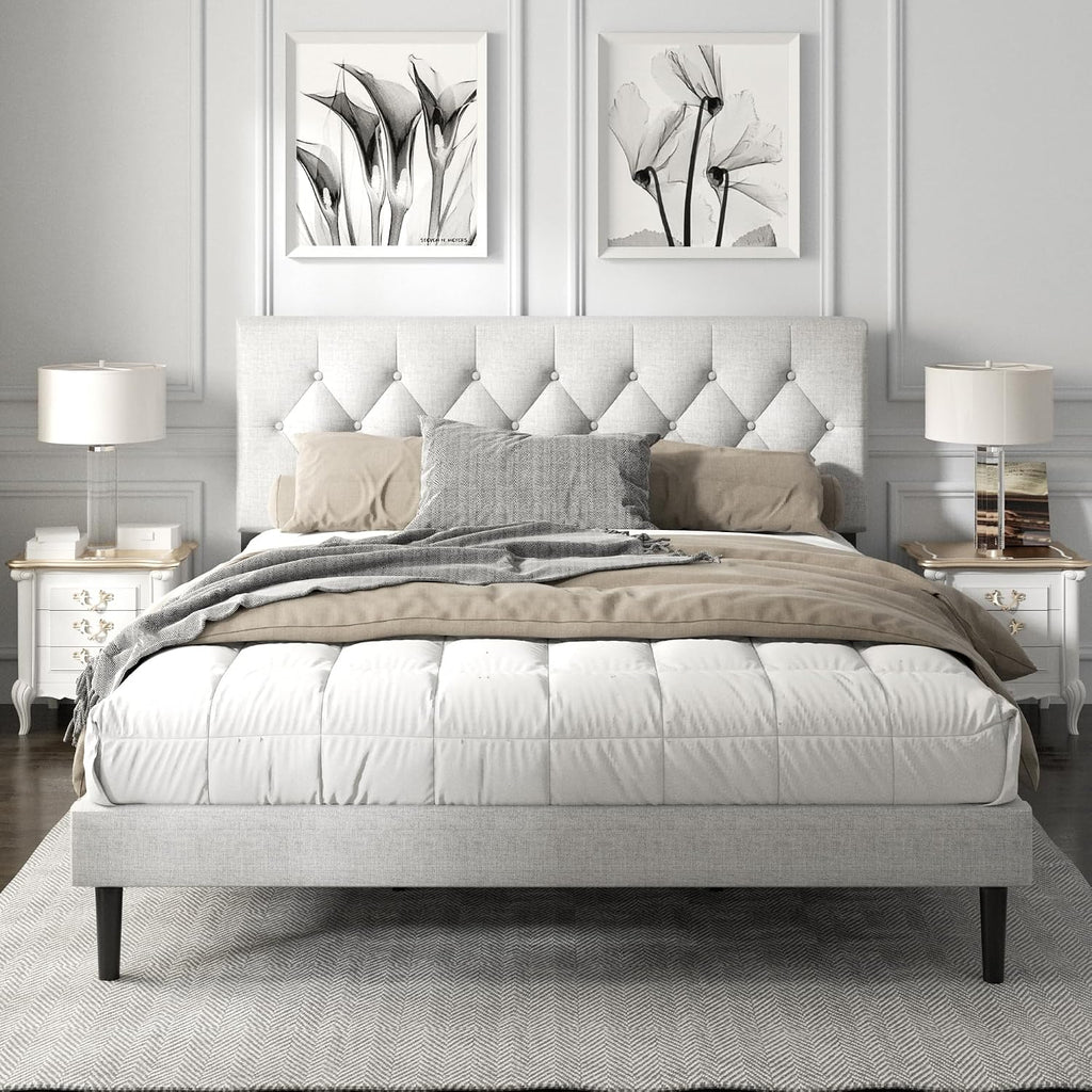 HAOARA King Size Platform Bed Frame with Upholstered Button Tufted Headboard, Mattress Foundation with Wooden Slat Support, Noise Free, No Box Spring Needed, Easy Assembly, Light Grey