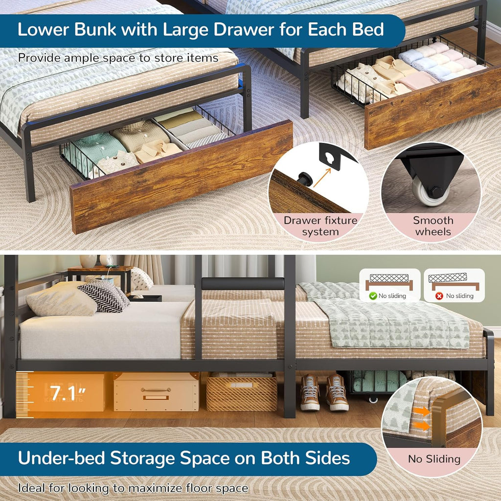 Triple Bunk Bed with Storage Drawers and Bedside Shelf, Twin Over Twin Bunk Bed for Kids/Teens with LED Lights and Charging Station, Heavy Duty Metal Bunk Beds with Safety Guardrail and Ladder, Black