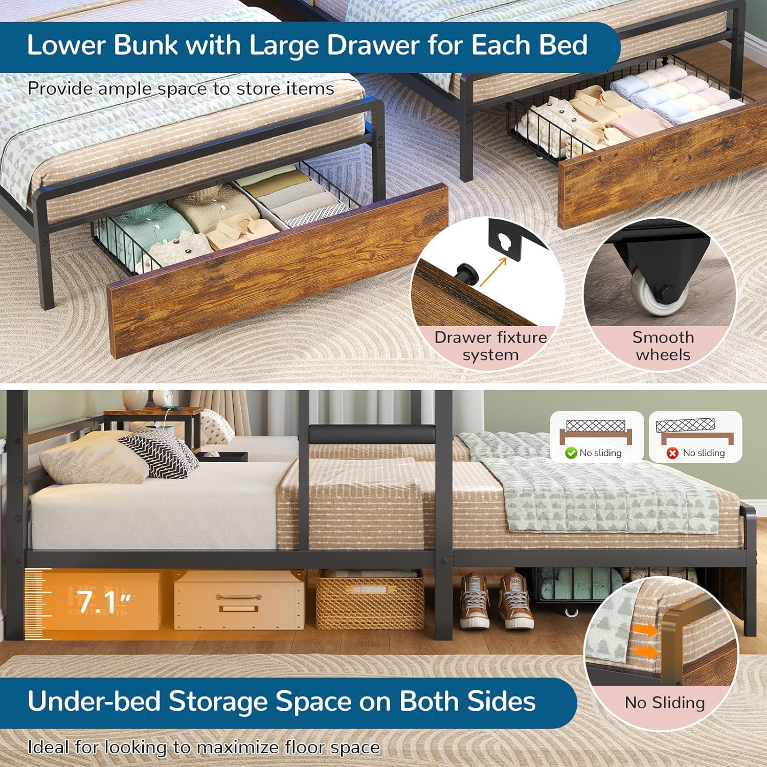 Triple Bunk Bed with Storage Drawers and Bedside Shelf, Twin Over Twin Bunk Bed for Kids/Teens with LED Lights and Charging Station, Heavy Duty Metal Bunk Beds with Safety Guardrail and Ladder, Black