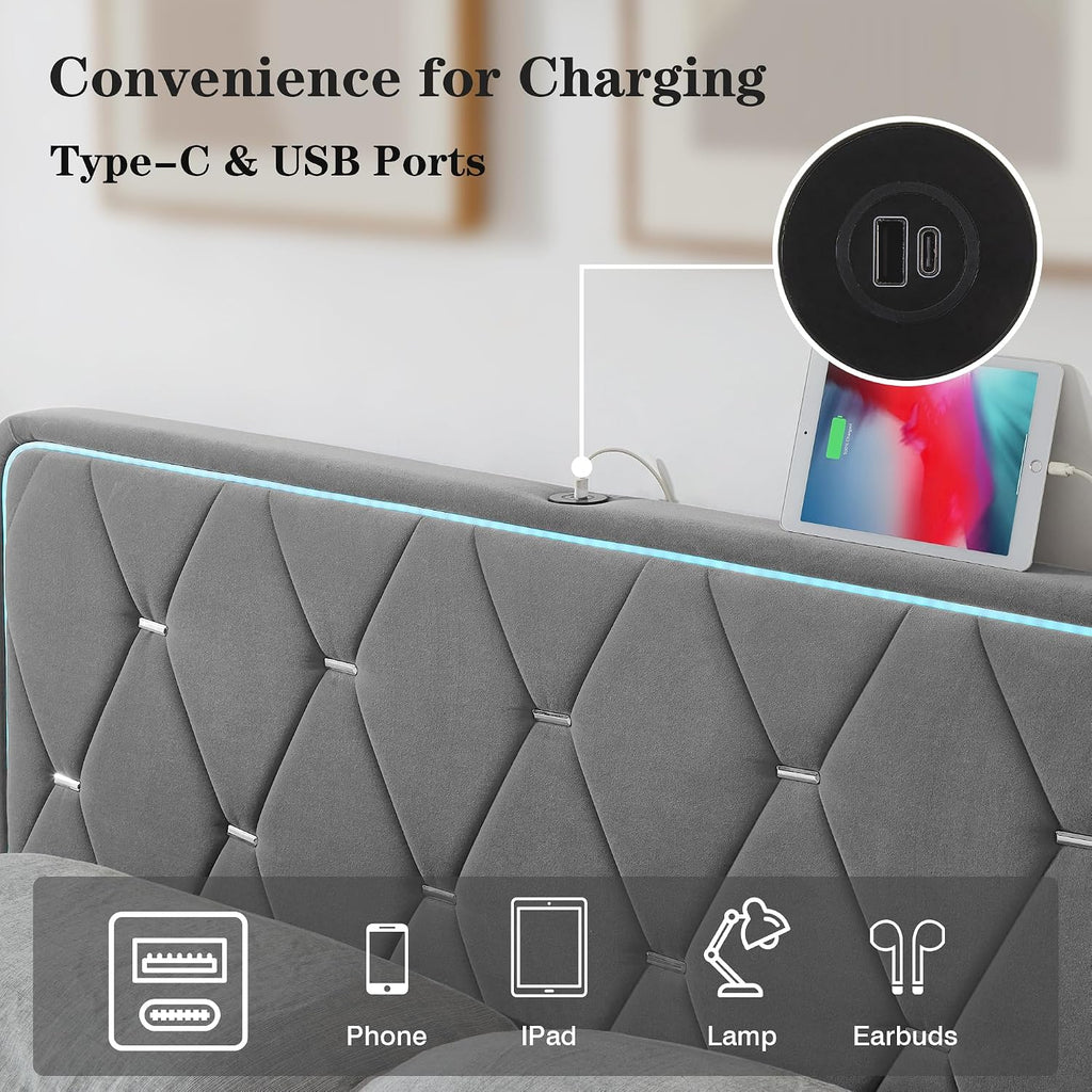 VECELO Upholstered Queen Bed Frame with Headboard Adjustable, Velvet Platform Bed with LED Lights, Charging Station, Mattress Foundation with Wooden Slats, Noise Free, No Box Spring Needed, Dark Grey