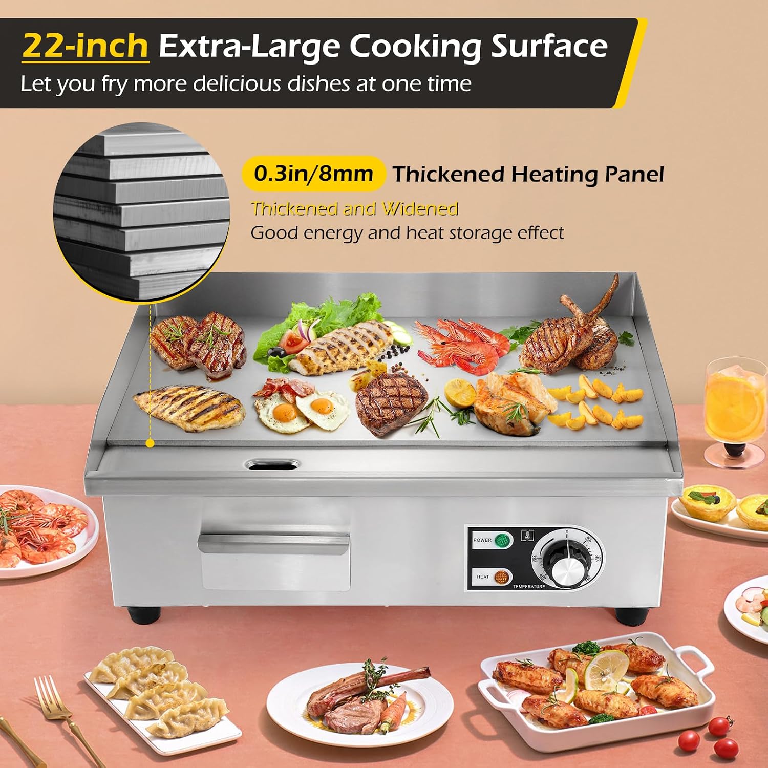 Dyna-Living 2400W Double-Head Commercial Waffle Maker & 3000W Commercial Electric Griddle 22'' Flat Top Grill Countertop
