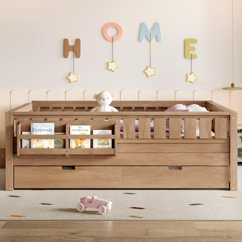 Bellemave Full Bed with Trundle and Stairs, Full Size Platform Bed Frame with Fence and Bookshelf, Easy Assemble Beds for Kids, Girls, Boys, Natural