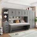 Merax Twin Size Murphy Bed with Desk, Multifunctional Wood Foldable Wall Bed with Wardrobe, Drawers and Cabinet, Space-Saving Hidden Bed for Guest Room Office, No Box Spring Needed, Grey