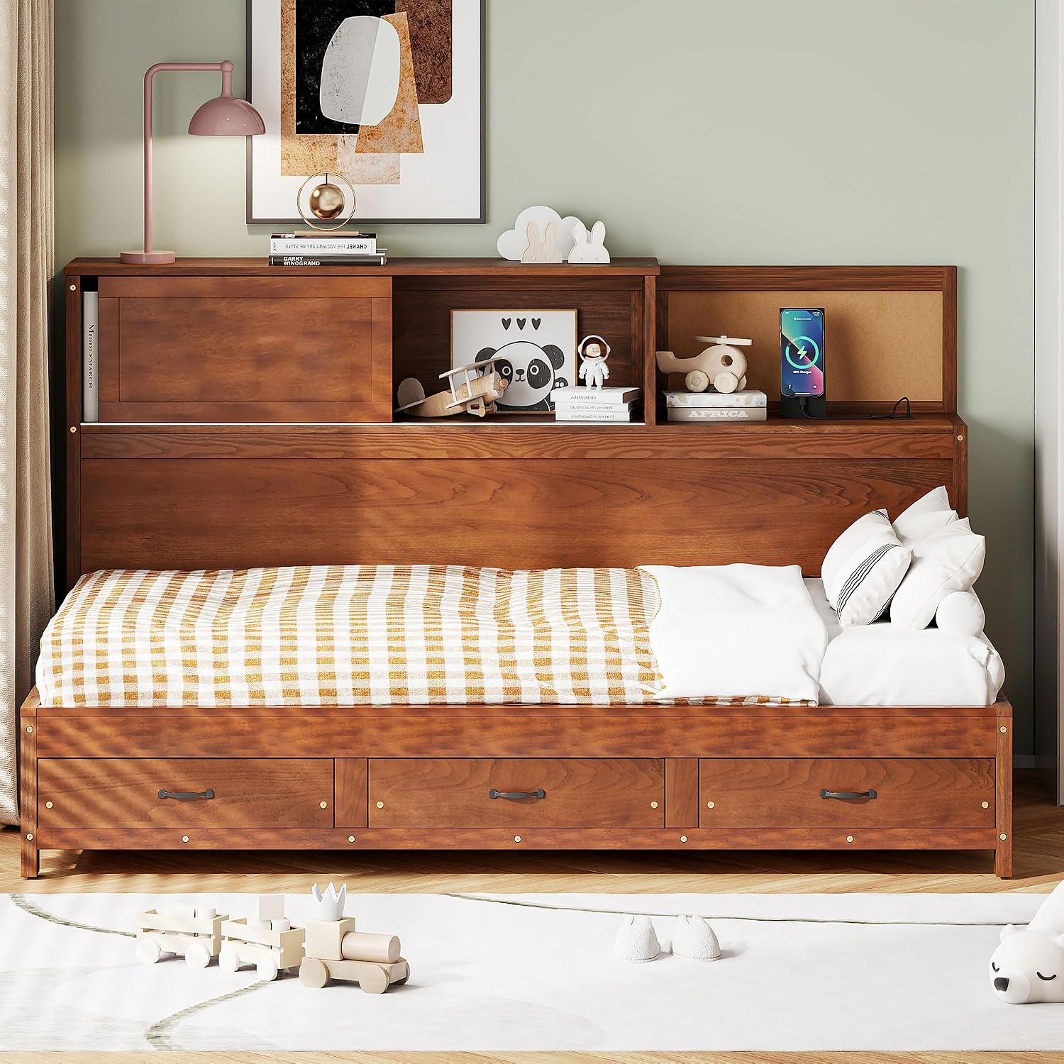 Wooden Daybed with 3 Storage Drawers, Upper Soft Board, Shelf, and a Set of Sockets and USB Ports, Multi-Functional Bed Frame for Bedroom, Twin Size, Walnut
