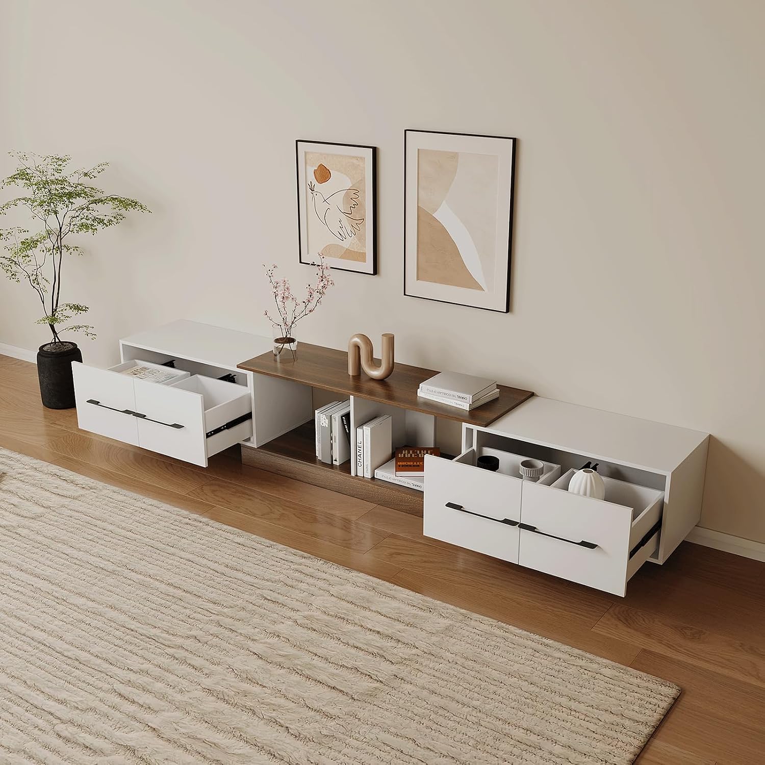Extendable TV Stand, Modern TV Console with 4 Large Drawers and Adjustable Shelves, Entertainment Center Fits Up to 120' TV, Media Console for Living Room, Walnut & White (Extendable 74.8'-102.3')