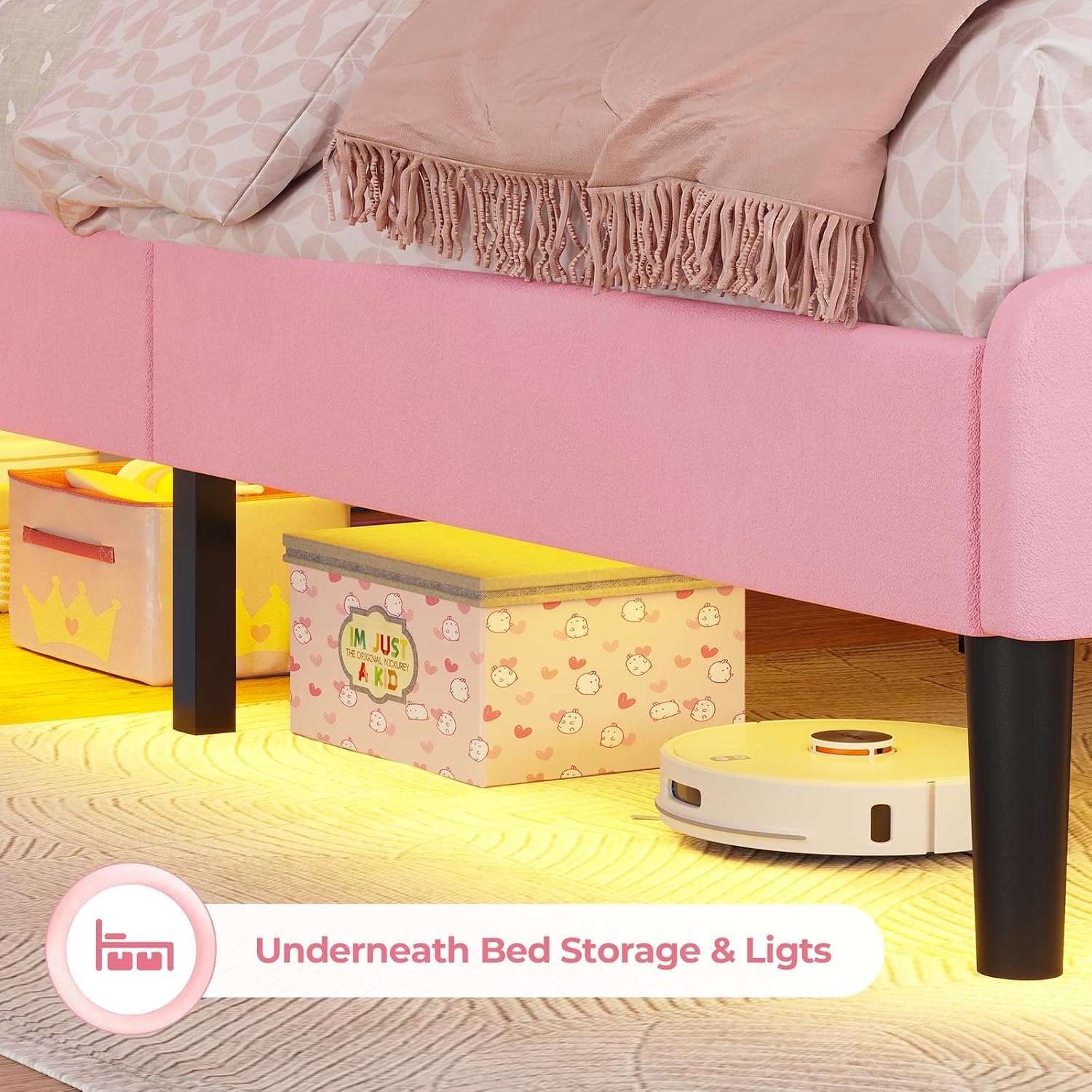 ADORNEVE Full Bed Frame with LED Lights, Princess Bed with Adjustable Chic Double Shell Headboard, Full Girl Bed Velvet Upholstered Platform Bed with Princess Crown, Solid Wood Slats Support, Pink