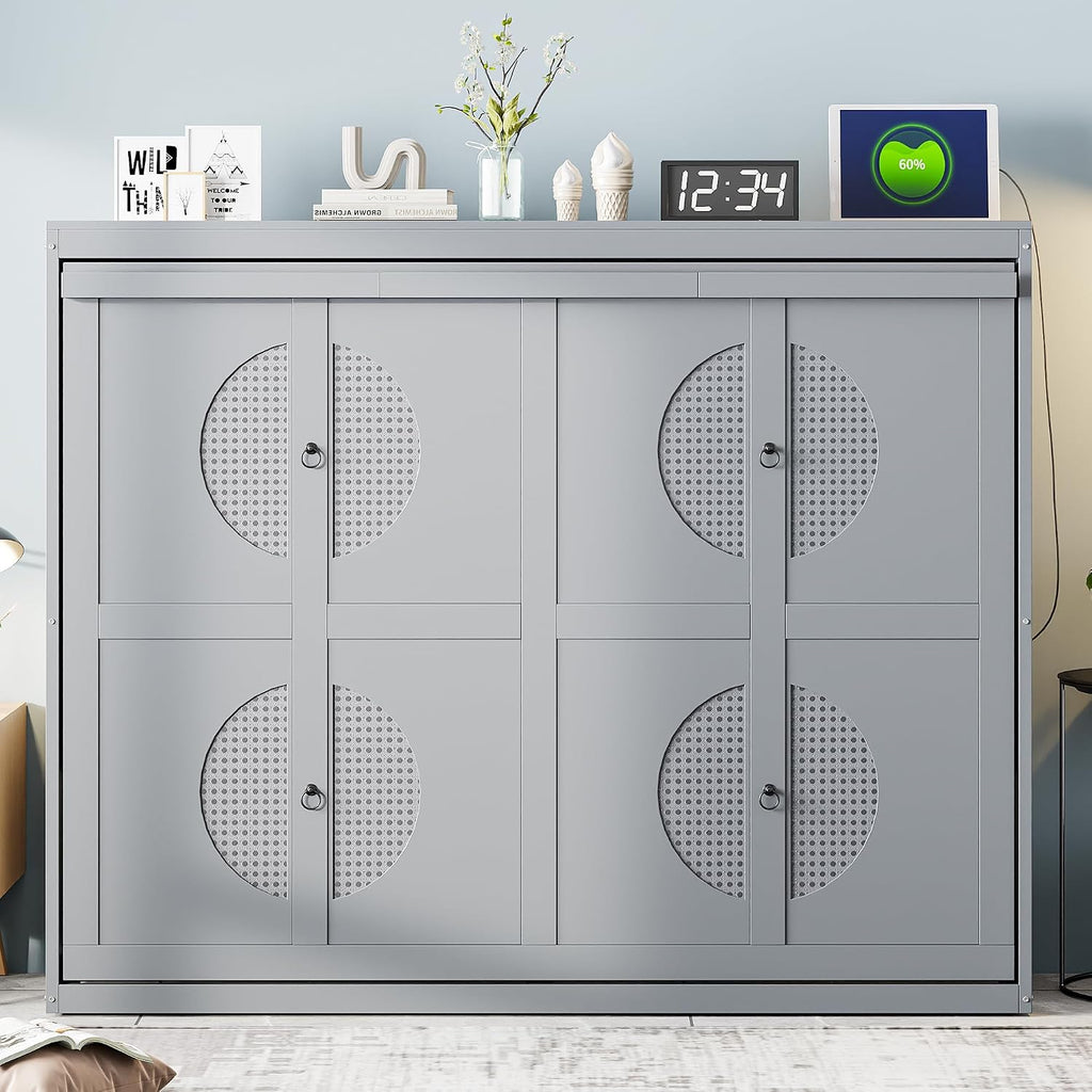Harper & Bright Designs Queen Size Murphy Bed, Wooden Queen Murphy Wall Bed Frame with a Set of Sockets & USB Ports, Gray