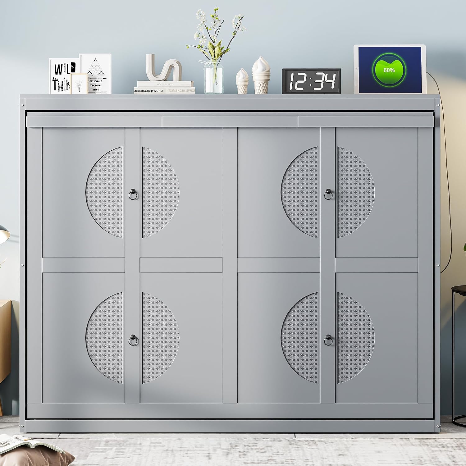 Harper & Bright Designs Queen Size Murphy Bed, Wooden Queen Murphy Wall Bed Frame with a Set of Sockets & USB Ports, Gray