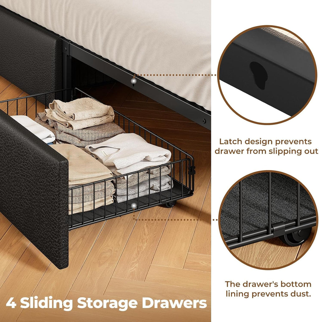Rolanstar Full Bed Frame with Storage,4-Drawer Platform Bed with USB Charging Station,Built in LED Lights and Bookcase Headboard,No Box Spring Needed,Easy Assembly,Noise-Free,Black